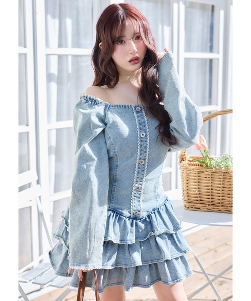 セール】【Denim Collection】レースアップティアードミニワンピース