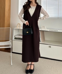 Vネックワンピース ジャンパースカート ロング マキシ丈 ノースリーブ 重ね着 レイヤード きれいめ カジュアル 秋 冬