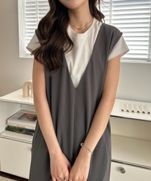 Vネックワンピース ジャンパースカート ロング マキシ丈 ノースリーブ 重ね着 レイヤード きれいめ カジュアル 秋 冬