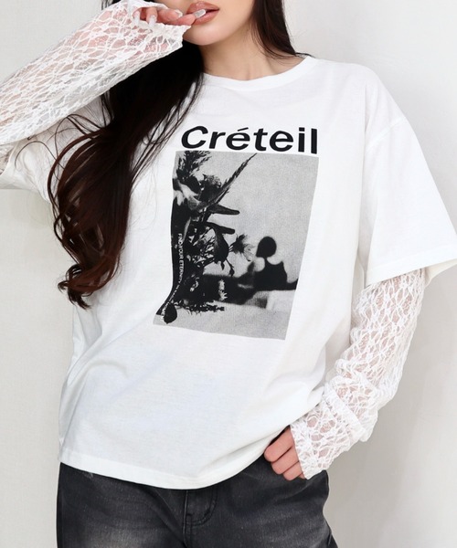 CECIL McBEE(セシルマクビー)の「袖レイヤードフロントプリントプルオーバー(Tシャツ/カットソー・レディース・ブラック/オフホワイト/チャコールグレー・MEDIUM/LARGE)」の2枚目の写真