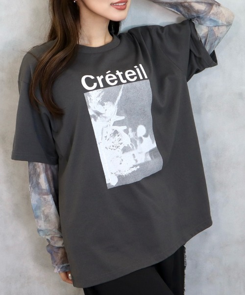 CECIL McBEE(セシルマクビー)の「袖レイヤードフロントプリントプルオーバー(Tシャツ/カットソー・レディース・ブラック/オフホワイト/チャコールグレー・MEDIUM/LARGE)」の1枚目の写真
