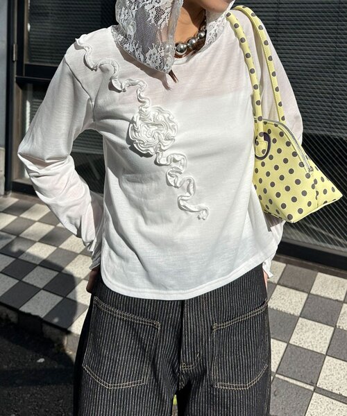 CIAOPANIC(チャオパニック)の「バラフリルレースフードシアートップス(Tシャツ/カットソー・レディース・ブラック/グレー/イエロー/ホワイト・ONE SIZE)」の10枚目の写真