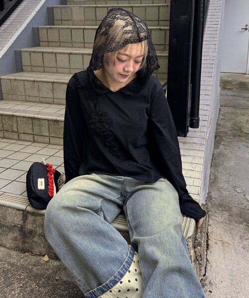 CIAOPANIC(チャオパニック)の「バラフリルレースフードシアートップス(Tシャツ/カットソー・レディース・ブラック/グレー/イエロー/ホワイト・ONE SIZE)」の16枚目の写真
