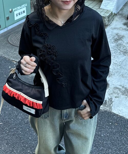CIAOPANIC(チャオパニック)の「バラフリルレースフードシアートップス(Tシャツ/カットソー・レディース・ブラック/グレー/イエロー/ホワイト・ONE SIZE)」の17枚目の写真