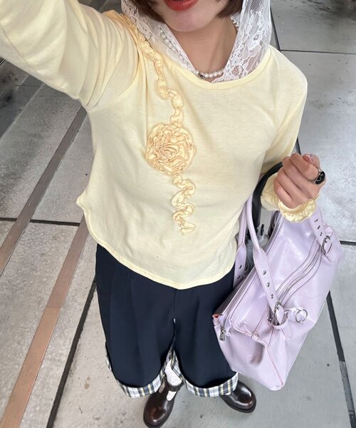 CIAOPANIC(チャオパニック)の「バラフリルレースフードシアートップス(Tシャツ/カットソー・レディース・ブラック/グレー/イエロー/ホワイト・ONE SIZE)」の8枚目の写真