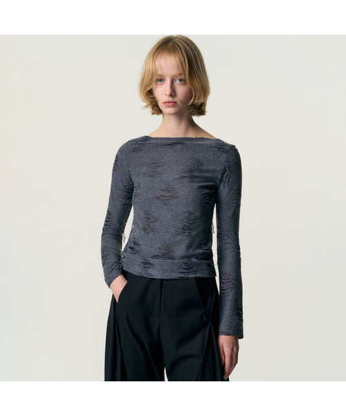 KIMZISU(キムジス)の「Distressed Cowl Neck T-shirt_BLUE(Tシャツ/カットソー・レディース・ブルー・LARGE/MEDIUM/SMALL)」の1枚目の写真