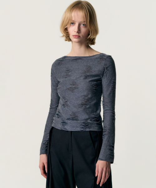 KIMZISU(キムジス)の「Distressed Cowl Neck T-shirt_BLUE(Tシャツ/カットソー・レディース・ブルー・LARGE/MEDIUM/SMALL)」の3枚目の写真