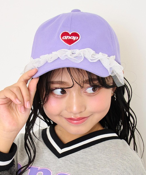 ANAP kids(アナップキッズ)の「ハートロゴ フリルリボン キャップ(キャップ・キッズ・ラベンダー/ブラック/ホワイト×ブラック・F)」の12枚目の写真