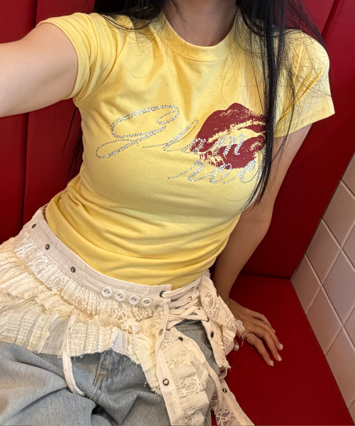 DEFYCLUBROBBERS(ディファイクラブロバース)の「グラムロック ホットフィックス 半袖クロップTシャツ (4色)(Tシャツ/カットソー・レディース・ブラック/アイボリー/ライトイエロー/ミント・OS)」の6枚目の写真