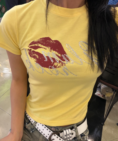 DEFYCLUBROBBERS(ディファイクラブロバース)の「グラムロック ホットフィックス 半袖クロップTシャツ (4色)(Tシャツ/カットソー・レディース・ブラック/アイボリー/ライトイエロー/ミント・OS)」の8枚目の写真