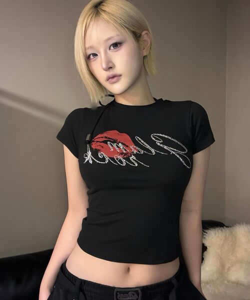 DEFYCLUBROBBERS(ディファイクラブロバース)の「グラムロック ホットフィックス 半袖クロップTシャツ (4色)(Tシャツ/カットソー・レディース・ブラック/アイボリー/ライトイエロー/ミント・OS)」の16枚目の写真