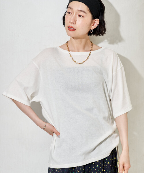 FREAK'S STORE(フリークスストア)の「シアーコットン ルーズボートネック Tシャツ/シアーTシャツ(Tシャツ/カットソー・レディース・ブラウン/ピンク/オフホワイト/ブラック・フリ-)」の6枚目の写真