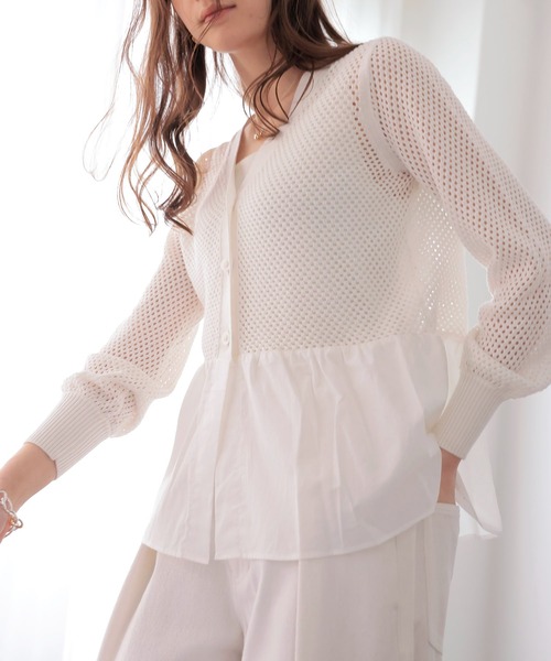 Jines（ジネス）の「メッシュ編みペプラムカーディガン（カーディガン/ボレロ・レディース・ブラック/ホワイト・38）」の5枚目の写真