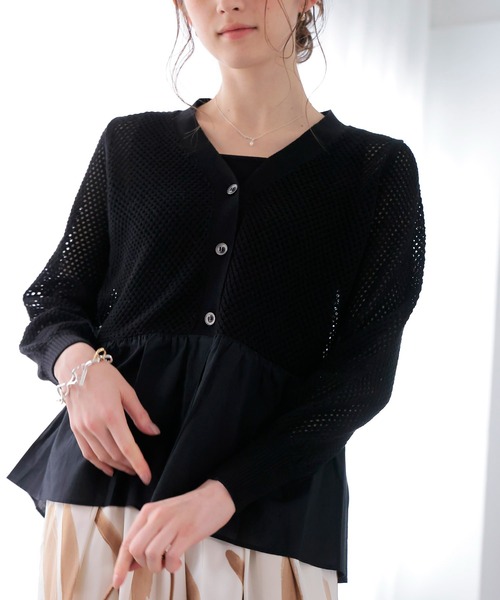 Jines（ジネス）の「メッシュ編みペプラムカーディガン（カーディガン/ボレロ・レディース・ブラック/ホワイト・38）」の13枚目の写真
