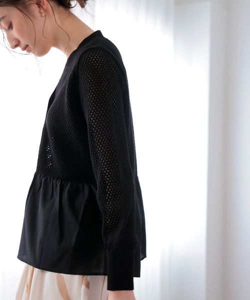 Jines（ジネス）の「メッシュ編みペプラムカーディガン（カーディガン/ボレロ・レディース・ブラック/ホワイト・38）」の14枚目の写真