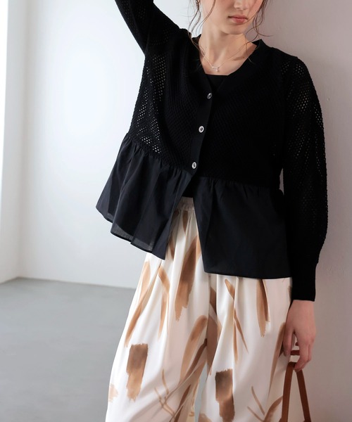 Jines（ジネス）の「メッシュ編みペプラムカーディガン（カーディガン/ボレロ・レディース・ブラック/ホワイト・38）」の12枚目の写真