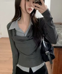 STAY MOTION（ステイモーション）の「【WEB限定】ストライプ柄シャツドッキングカットソー［骨格ウェーブ/レイヤード風/韓国ファッション/カジュアル］（Tシャツ/カットソー）」