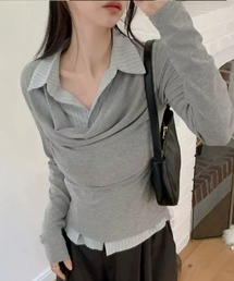 【WEB限定】ストライプ柄シャツドッキングカットソー［骨格ウェーブ/レイヤード風/韓国ファッション/カジュアル］