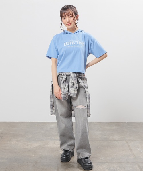 Honeys(ハニーズ)の「【ハニさら・接触冷感・UVカット】フード付Tシャツ(Tシャツ/カットソー・レディース・スミクロ/グリーン/ホワイト/サックスブルー・L/M/S)」の12枚目の写真