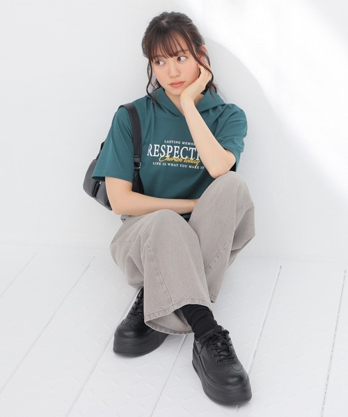 Honeys(ハニーズ)の「【ハニさら・接触冷感・UVカット】フード付Tシャツ(Tシャツ/カットソー・レディース・スミクロ/グリーン/ホワイト/サックスブルー・L/M/S)」の15枚目の写真