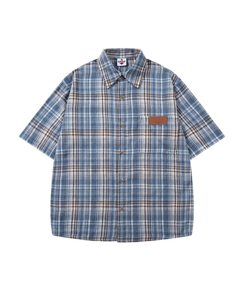 HOOK(フック)の「HOOK -original- タータンチェック柄レザーパッチ付きビッグシャツ (SS)(シャツ/ブラウス・メンズ・ブルー/ネイビー・L/XL/M)」の8枚目の写真