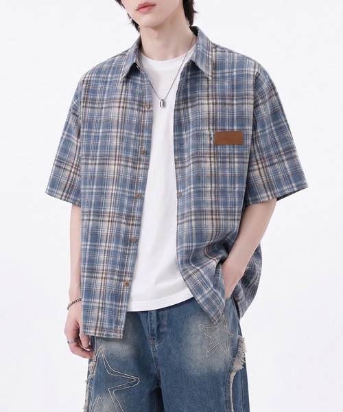 HOOK(フック)の「HOOK -original- タータンチェック柄レザーパッチ付きビッグシャツ (SS)(シャツ/ブラウス・メンズ・ブルー/ネイビー・L/XL/M)」の14枚目の写真