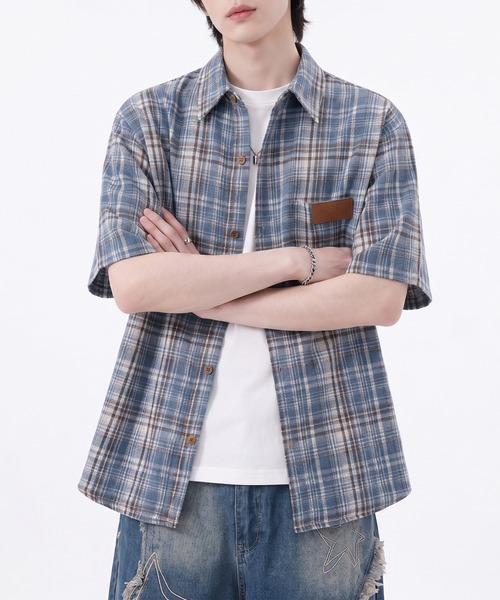 HOOK(フック)の「HOOK -original- タータンチェック柄レザーパッチ付きビッグシャツ (SS)(シャツ/ブラウス・メンズ・ブルー/ネイビー・L/XL/M)」の15枚目の写真
