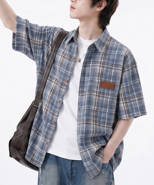 HOOK(フック)の「HOOK -original- タータンチェック柄レザーパッチ付きビッグシャツ (SS)(シャツ/ブラウス・メンズ・ブルー/ネイビー・L/XL/M)」の16枚目の写真