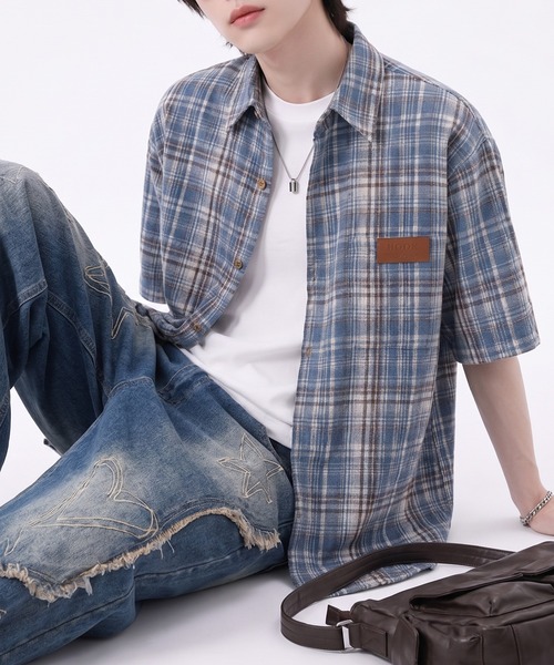 HOOK(フック)の「HOOK -original- タータンチェック柄レザーパッチ付きビッグシャツ (SS)(シャツ/ブラウス・メンズ・ブルー/ネイビー・L/XL/M)」の17枚目の写真