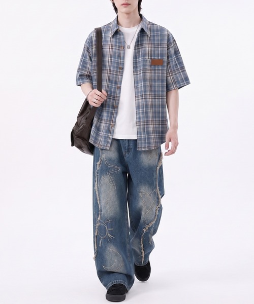 HOOK(フック)の「HOOK -original- タータンチェック柄レザーパッチ付きビッグシャツ (SS)(シャツ/ブラウス・メンズ・ブルー/ネイビー・L/XL/M)」の18枚目の写真