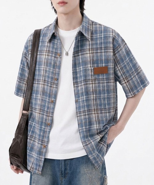 HOOK(フック)の「HOOK -original- タータンチェック柄レザーパッチ付きビッグシャツ (SS)(シャツ/ブラウス・メンズ・ブルー/ネイビー・L/XL/M)」の19枚目の写真