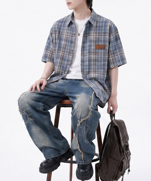 HOOK(フック)の「HOOK -original- タータンチェック柄レザーパッチ付きビッグシャツ (SS)(シャツ/ブラウス・メンズ・ブルー/ネイビー・L/XL/M)」の21枚目の写真