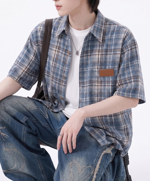 HOOK(フック)の「HOOK -original- タータンチェック柄レザーパッチ付きビッグシャツ (SS)(シャツ/ブラウス・メンズ・ブルー/ネイビー・L/XL/M)」の22枚目の写真
