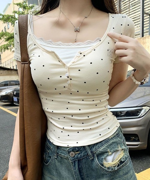 LAC-VERT(ラック・ヴェール)の「ドット柄ヘンリーネックリブTシャツ(Tシャツ/カットソー・レディース・アイボリー/ホワイト・FREE)」の7枚目の写真