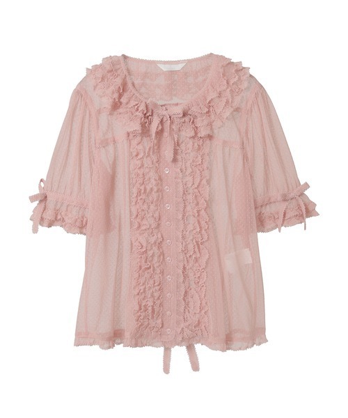 PINK HOUSE(ピンクハウス)の「ドットチュールフリルブラウス(Tシャツ/カットソー・レディース・ライトブルー/キナリ/ホワイト/ブラック/ピンク・フリー)」の5枚目の写真