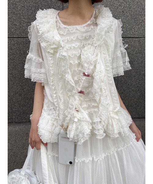 PINK HOUSE(ピンクハウス)の「ドットチュールフリルブラウス(Tシャツ/カットソー・レディース・ライトブルー/キナリ/ホワイト/ブラック/ピンク・フリー)」の17枚目の写真