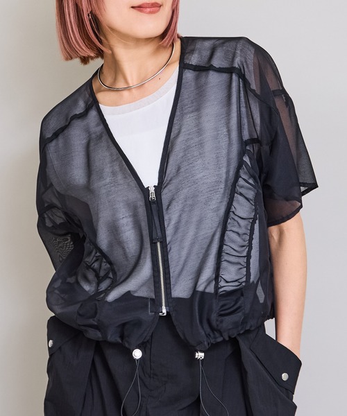 LHELBIE(レルビエ)の「ハーフスリーブブルゾン(ブルゾン・レディース・ブラック/ライトグリーン/オフホワイト・M)」の1枚目の写真