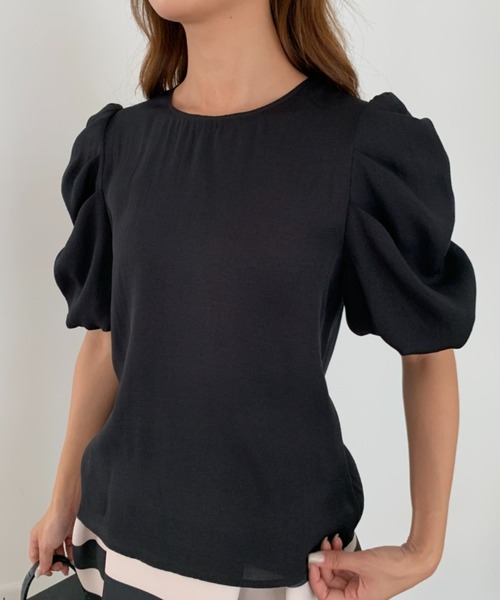 BIRTHDAY BASH(バースデイバッシュ)の「GATHER SLEEVE CHIFFON TOPS(ギャザースリーブ シフォントップス)(Tシャツ/カットソー・レディース・ピンク/ブラック・SMALL/MEDIUM)」の2枚目の写真
