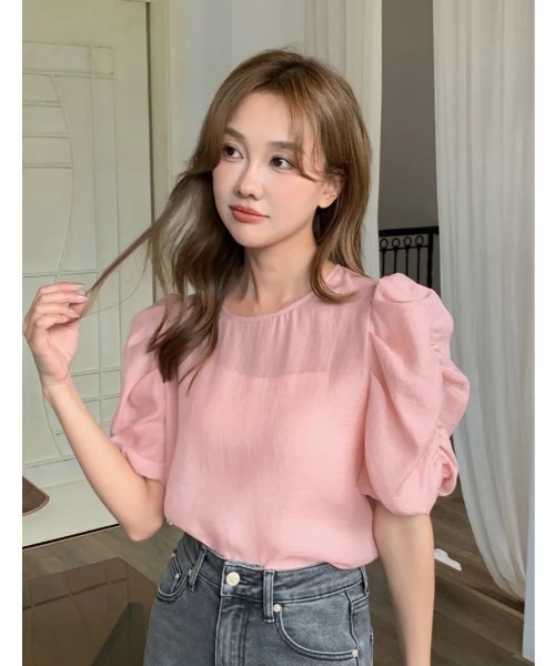 BIRTHDAY BASH(バースデイバッシュ)の「GATHER SLEEVE CHIFFON TOPS(ギャザースリーブ シフォントップス)(Tシャツ/カットソー・レディース・ピンク/ブラック・SMALL/MEDIUM)」の10枚目の写真
