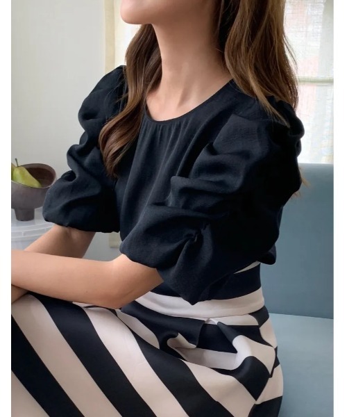 BIRTHDAY BASH(バースデイバッシュ)の「GATHER SLEEVE CHIFFON TOPS(ギャザースリーブ シフォントップス)(Tシャツ/カットソー・レディース・ピンク/ブラック・SMALL/MEDIUM)」の12枚目の写真