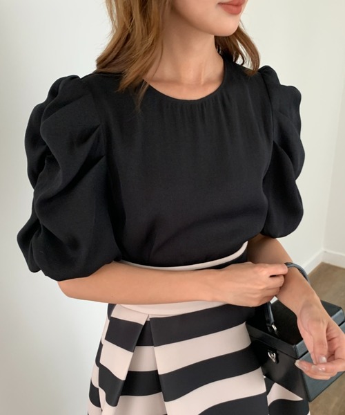 BIRTHDAY BASH(バースデイバッシュ)の「GATHER SLEEVE CHIFFON TOPS(ギャザースリーブ シフォントップス)(Tシャツ/カットソー・レディース・ピンク/ブラック・SMALL/MEDIUM)」の13枚目の写真