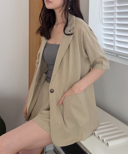Rejoule(リジュール)の「2点セット セットアップ ハーフスリーブテーラードジャケット×ショートパンツ(セットアップ・レディース・オリーブ/ベージュ/ブラック・FREE)」の14枚目の写真