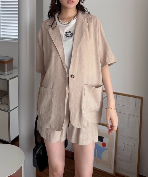 Rejoule(リジュール)の「2点セット セットアップ ハーフスリーブテーラードジャケット×ショートパンツ(セットアップ・レディース・オリーブ/ベージュ/ブラック・FREE)」の11枚目の写真