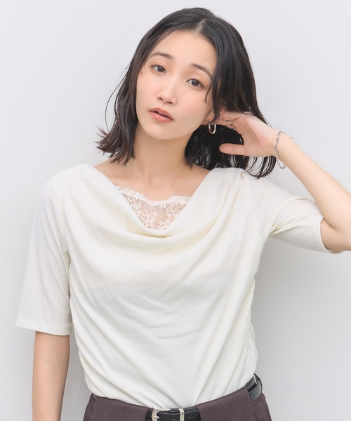 &. NOSTALGIA(アンドドットノスタルジア)の「レースレイヤードドレープ半袖Tシャツ(Tシャツ/カットソー・レディース・ブラック/オフホワイト・FREE)」の1枚目の写真