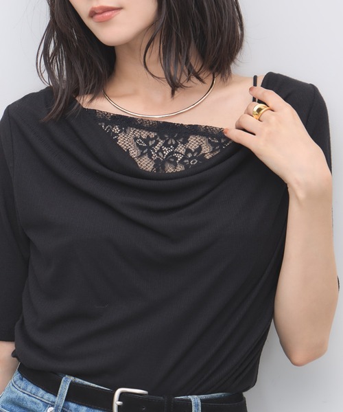 &. NOSTALGIA(アンドドットノスタルジア)の「レースレイヤードドレープ半袖Tシャツ(Tシャツ/カットソー・レディース・ブラック/オフホワイト・FREE)」の3枚目の写真