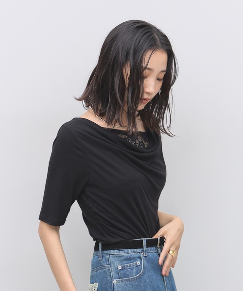 &. NOSTALGIA(アンドドットノスタルジア)の「レースレイヤードドレープ半袖Tシャツ(Tシャツ/カットソー・レディース・ブラック/オフホワイト・FREE)」の5枚目の写真