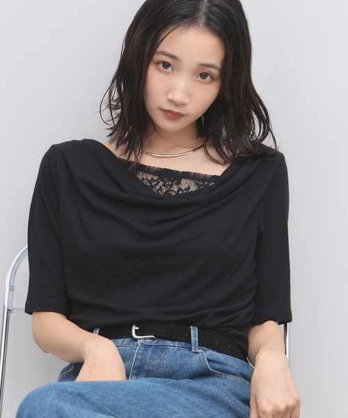 &. NOSTALGIA(アンドドットノスタルジア)の「レースレイヤードドレープ半袖Tシャツ(Tシャツ/カットソー・レディース・ブラック/オフホワイト・FREE)」の7枚目の写真