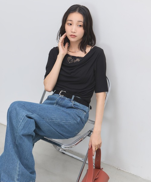 &. NOSTALGIA(アンドドットノスタルジア)の「レースレイヤードドレープ半袖Tシャツ(Tシャツ/カットソー・レディース・ブラック/オフホワイト・FREE)」の8枚目の写真