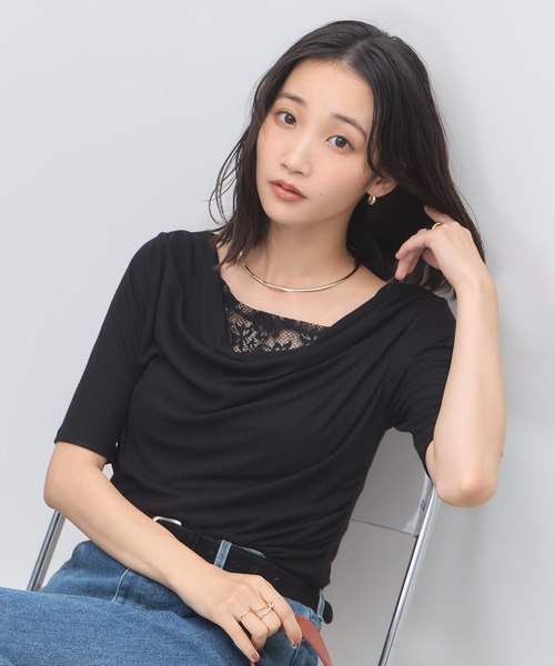 &. NOSTALGIA(アンドドットノスタルジア)の「レースレイヤードドレープ半袖Tシャツ(Tシャツ/カットソー・レディース・ブラック/オフホワイト・FREE)」の9枚目の写真