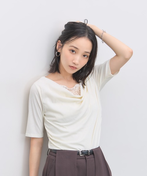 &. NOSTALGIA(アンドドットノスタルジア)の「レースレイヤードドレープ半袖Tシャツ(Tシャツ/カットソー・レディース・ブラック/オフホワイト・FREE)」の15枚目の写真